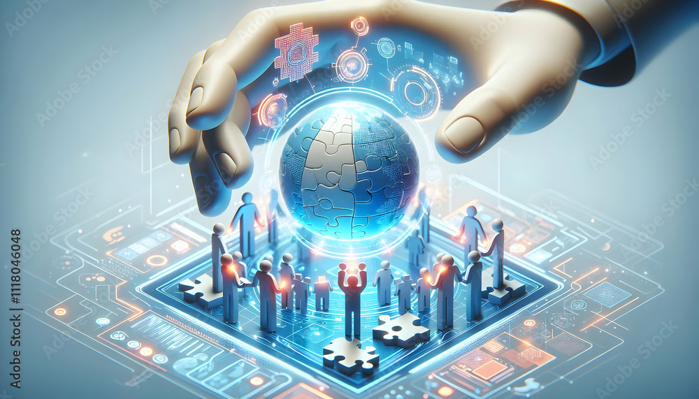 3D Futuristic macro of hands placing holographic puzzle pieces representing teamwork and problem solving in a high tech environment copy space on bottom. concept as Futuristic macro showing hands plac 3D Futuristic macro of hands placing holographic puzzle pieces representing teamwork and problem solving in a high tech environment copy space on bottom. concept as Futuristic macro showing hands plac