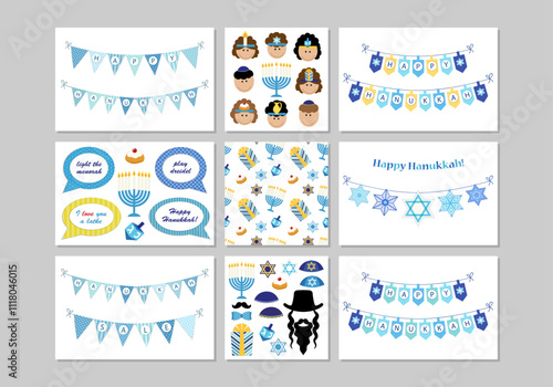 Cute set of Happy Hanukkah, Festival of Lights backgrounds in flat style