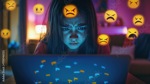 cyberbullying concept, teen girl focused laptop, expressing