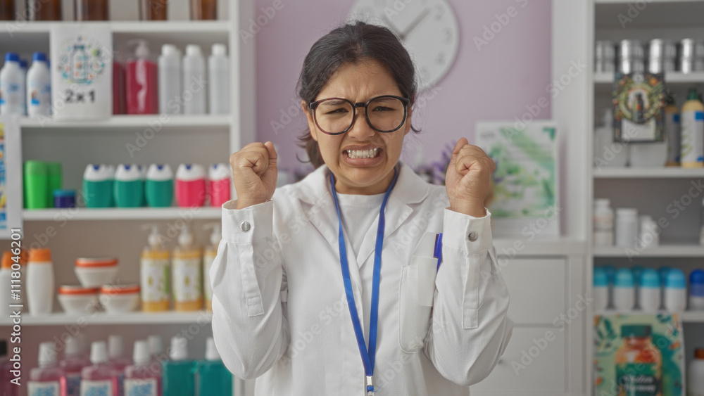 Hispanic woman in pharmacy expressing frustration with clenched fists, surrounded by shelves of products and wearing a white lab coat and glasses. Hispanic woman in pharmacy expressing frustration with clenched fists, surrounded by shelves of products and wearing a white lab coat and glasses.