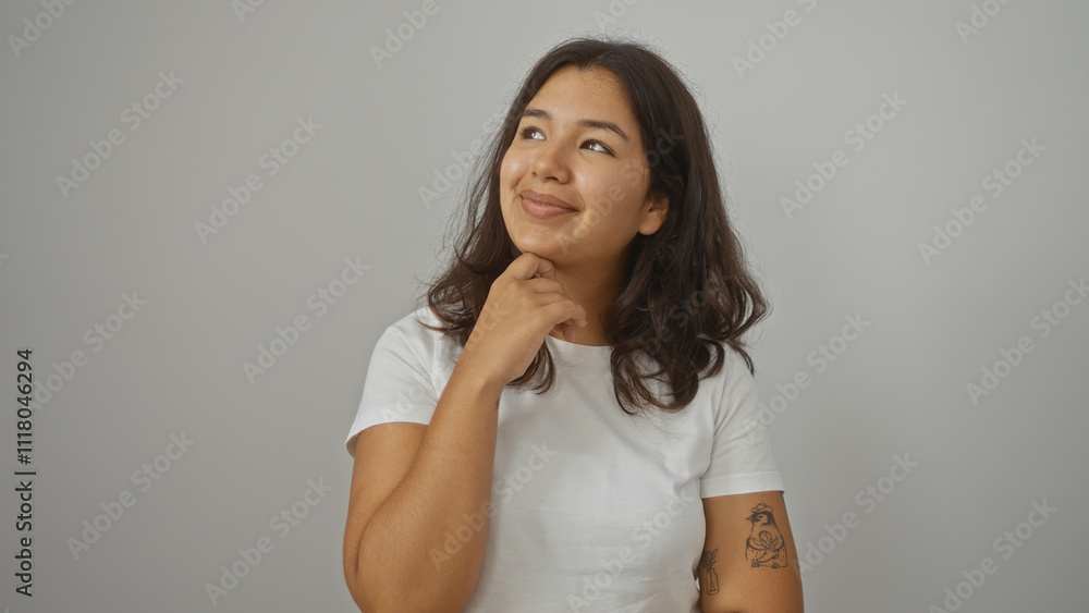 Thoughtful young hispanic woman with brunette hair and tattoos on her arm, isolated over a white background. Thoughtful young hispanic woman with brunette hair and tattoos on her arm, isolated over a white background.