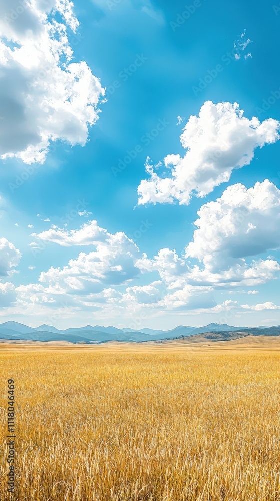 A serene landscape featuring golden fields under a bright blue sky with fluffy clouds and distant mountains. A serene landscape featuring golden fields under a bright blue sky with fluffy clouds and distant mountains.