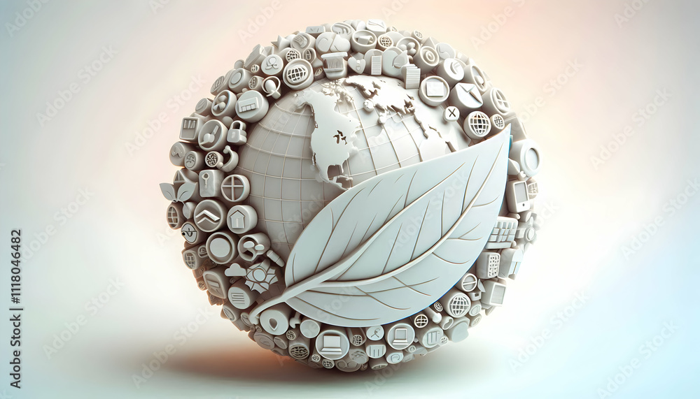 3D Globe made of business icons wrapped in a leaf with soft background concept as An abstract globe composed of business icons wrapped gently in a leaf against a soft background representing global bu 3D Globe made of business icons wrapped in a leaf with soft background concept as An abstract globe composed of business icons wrapped gently in a leaf against a soft background representing global bu