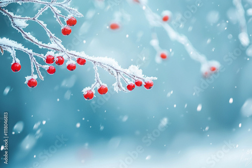 Snowy winter scene with red berries on frosted branches