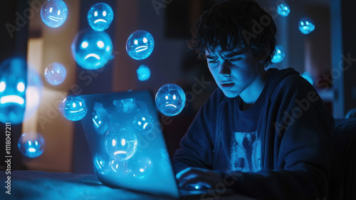 cyberbullying concept, Teenage boy focused laptop with glowing