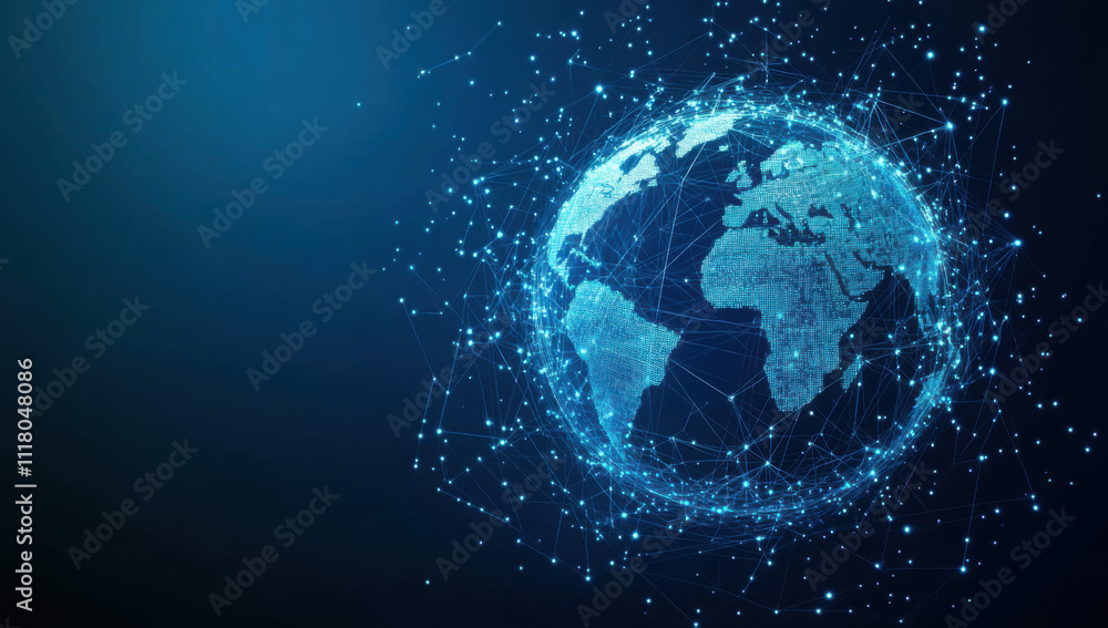 Digital Networked Globe, Global Communications. World Connectivity, Data Exchange Visualization Digital Networked Globe, Global Communications. World Connectivity, Data Exchange Visualization