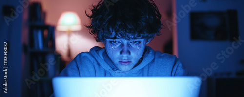 cyberbullying concept, Teenager with tears gazing at laptop screen