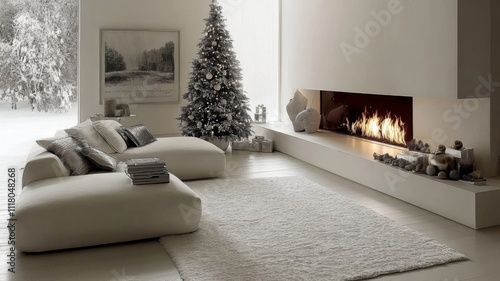 Modern Living Room with a Christmas Tree, Fireplace, and White Sofa