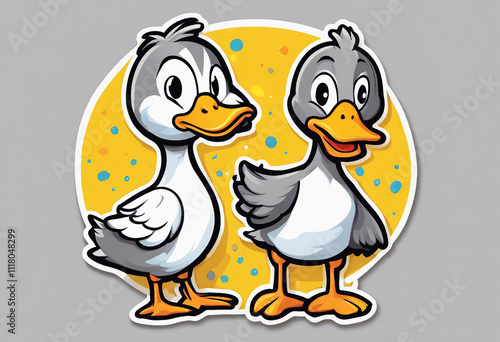 Two cartoon-style ducks are standing side by side. The background features a yellow circle with blue and orange speckles.
