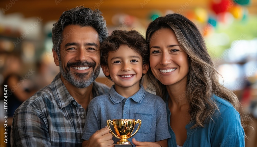 Obraz premium Proud child holding trophy with beaming parents celebrating achievement