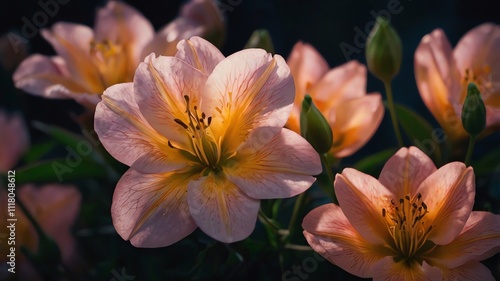 A light pink flower with a yellow center, surrounded by buds and leaves