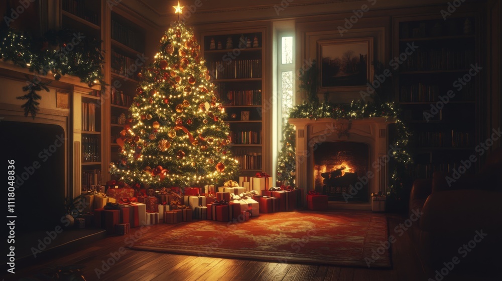 A Christmas Tree Illuminated in a Cozy Living Room A Christmas Tree Illuminated in a Cozy Living Room
