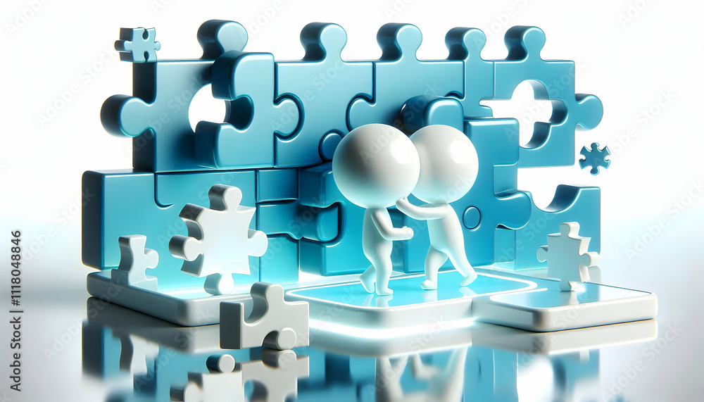 3D Glossy background with floating puzzle pieces and team icons copy space on bottom. concept as Glossy background featuring floating puzzle pieces alongside team icons symbolizing flexibility and dyn 3D Glossy background with floating puzzle pieces and team icons copy space on bottom. concept as Glossy background featuring floating puzzle pieces alongside team icons symbolizing flexibility and dyn