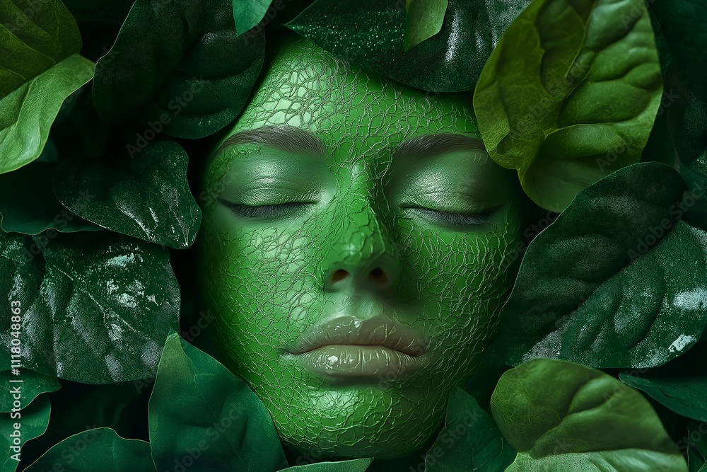 An artistic portrayal of a green face embedded in rich foliage, merging humanity with nature's essence. An artistic portrayal of a green face embedded in rich foliage, merging humanity with nature's essence.