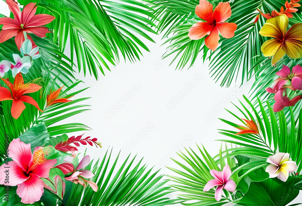 Vibrant tropical foliage and colorful flowers frame a blank canvas for creativity Vibrant tropical foliage and colorful flowers frame a blank canvas for creativity