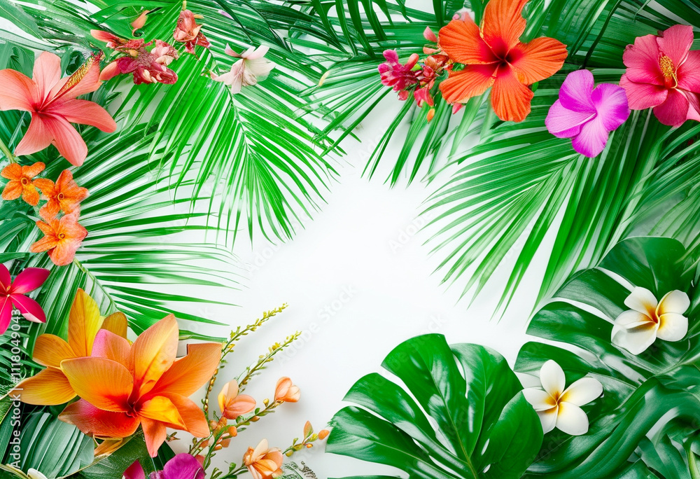 Vibrant tropical flowers and lush greenery create a stunning natural frame Vibrant tropical flowers and lush greenery create a stunning natural frame