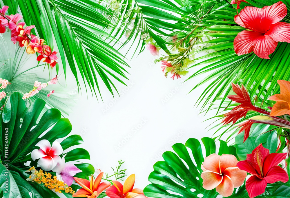 Vibrant tropical flowers and lush greenery create a lively floral border Vibrant tropical flowers and lush greenery create a lively floral border