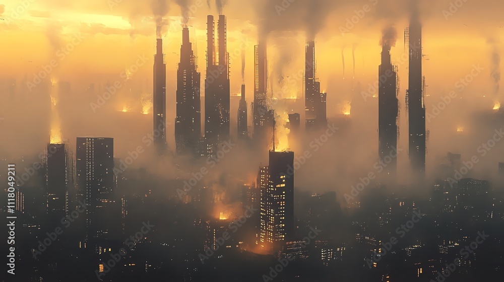 Industrial city skyline shrouded in smoke and haze at sunset. Industrial city skyline shrouded in smoke and haze at sunset.