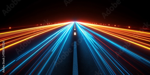 Blue light streaks on a black background with glowing horizontal lines in a high speed motion blur effect.