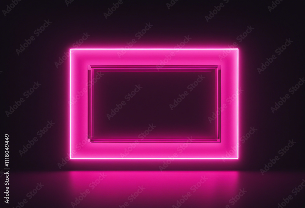Glowing neon pink rectangular frame against a dark background. The neon light gives the image a modern and futuristic feel. Glowing neon pink rectangular frame against a dark background. The neon light gives the image a modern and futuristic feel.