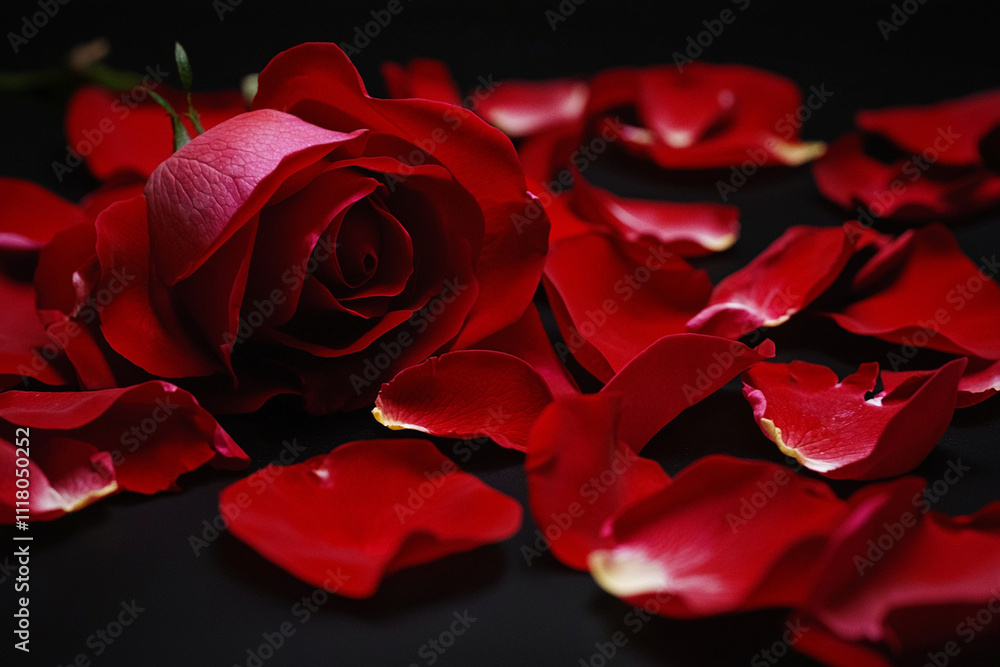 Naklejka premium Romantic red rose on a dark background with scattered petals