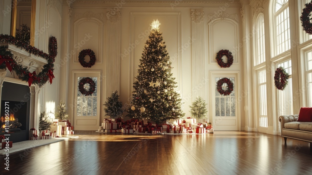Christmas Decor in a Grand Living Room with a Fireplace, Gifts, and Wreaths Christmas Decor in a Grand Living Room with a Fireplace, Gifts, and Wreaths