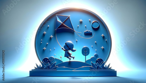 3D Glossy blue background with silhouette of a kite flyer and copy space above. concept as Glossy image featuring silhouette of person flying kite against blue background symbolizing aspiration tradit photo