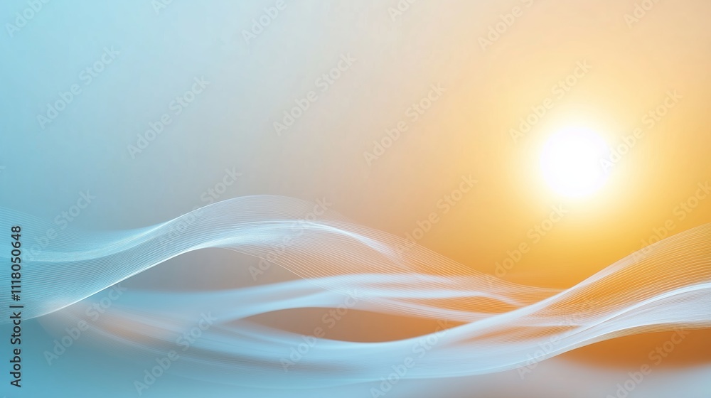 Fototapeta premium Soft waves merge with the warm glow of the setting sun over a serene horizon