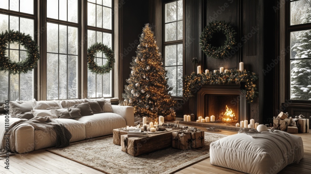 Cozy Christmas Living Room with Decorated Fireplace and Snow-Covered Window Views Cozy Christmas Living Room with Decorated Fireplace and Snow-Covered Window Views