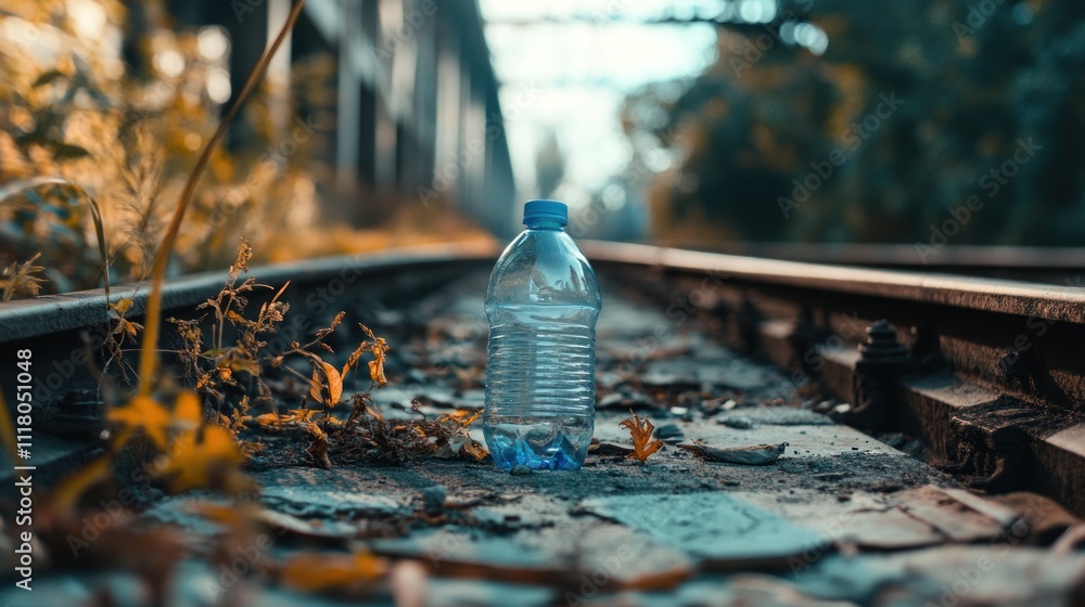Obraz premium A Blue Plastic Bottle Resting on Train Tracks