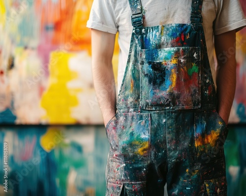Artist in colorful overalls stands before a vibrant canvas.