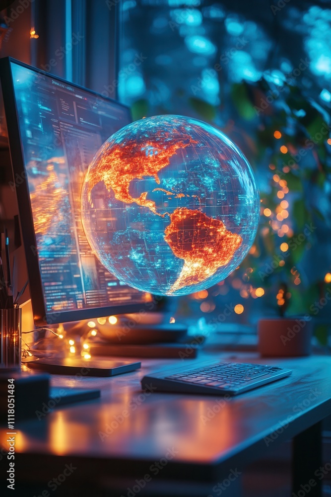 Innovative globe display on a desk with ambient lighting effects. Innovative globe display on a desk with ambient lighting effects.