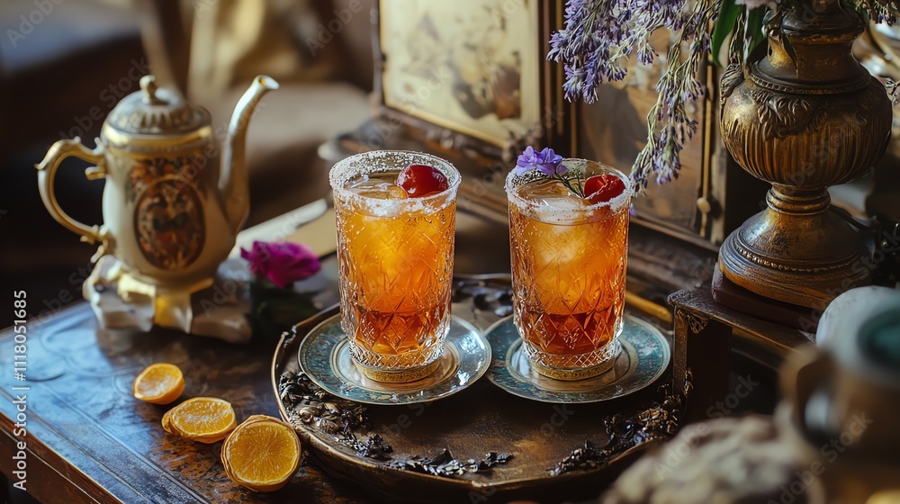 Refreshing iced tea with fruit garnishes. Refreshing iced tea with fruit garnishes.