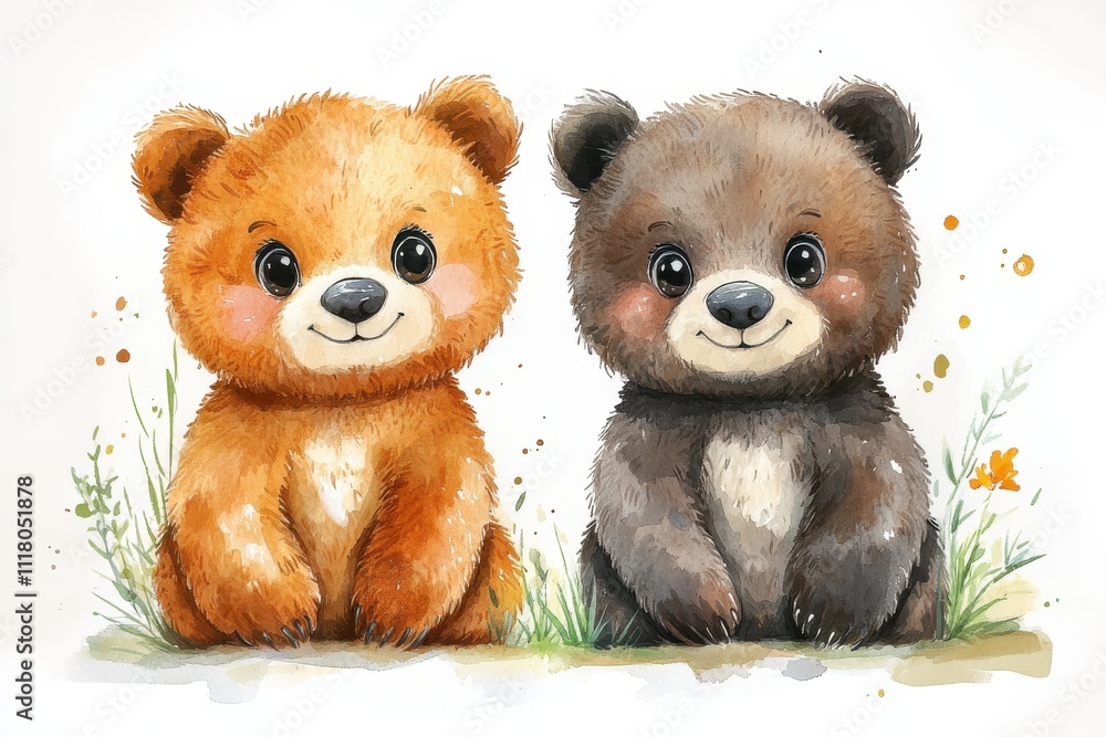 Two cute cartoon bears, one orange and one brown, sitting in grass with a playful expression. Two cute cartoon bears, one orange and one brown, sitting in grass with a playful expression.