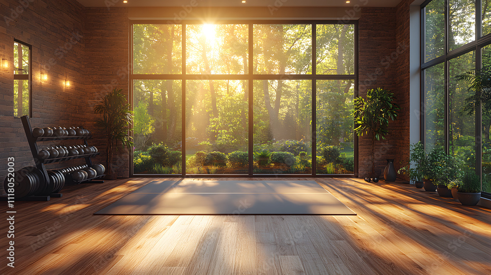 An inspiring photography of a scenic home gym backdrop with modern workout equipment, wooden flooring, and large windows letting in natural light. An inspiring photography of a scenic home gym backdrop with modern workout equipment, wooden flooring, and large windows letting in natural light.