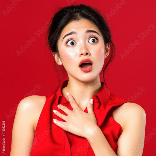 Shocked woman in sleeveless red dress gasping. photo