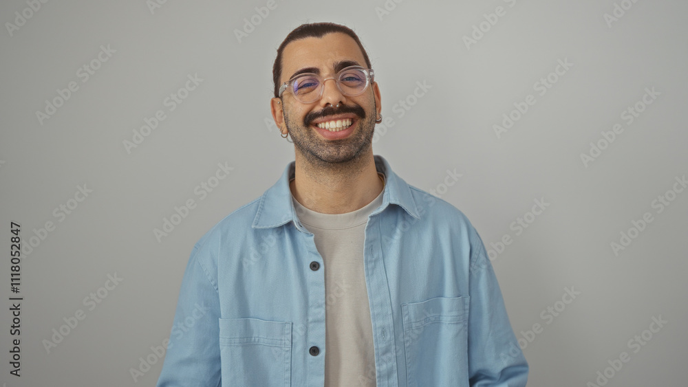 Fototapeta premium Young hispanic man with moustache smiling wearing glasses and blue shirt over isolated white background