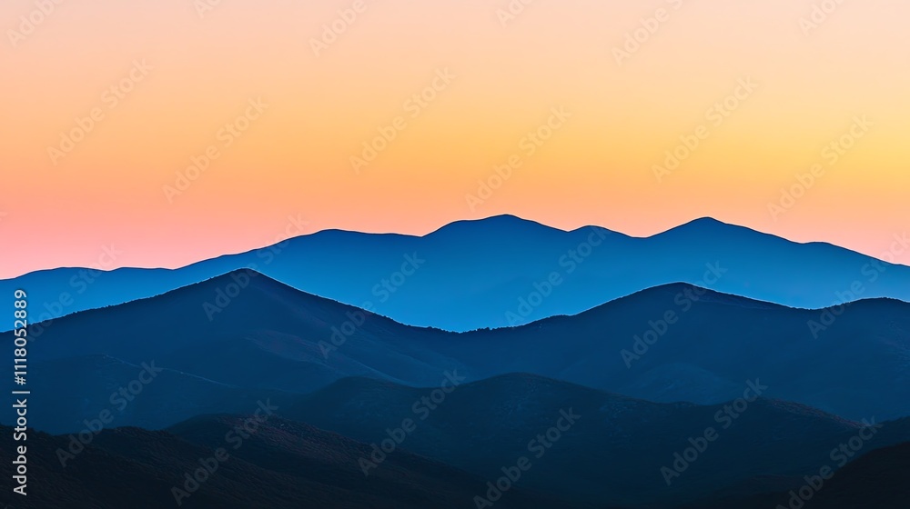 Serene mountain range silhouettes at sunset with vibrant colors. Serene mountain range silhouettes at sunset with vibrant colors.