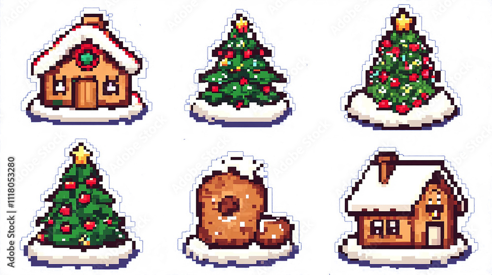 Pixel art Christmas elements clip art pack. 8 bit vintage video game style decorations set like christmas tree, socks, candy cane, gift, christmas wreath, snow globe. Vector cute stuff illustration Pixel art Christmas elements clip art pack. 8 bit vintage video game style decorations set like christmas tree, socks, candy cane, gift, christmas wreath, snow globe. Vector cute stuff illustration