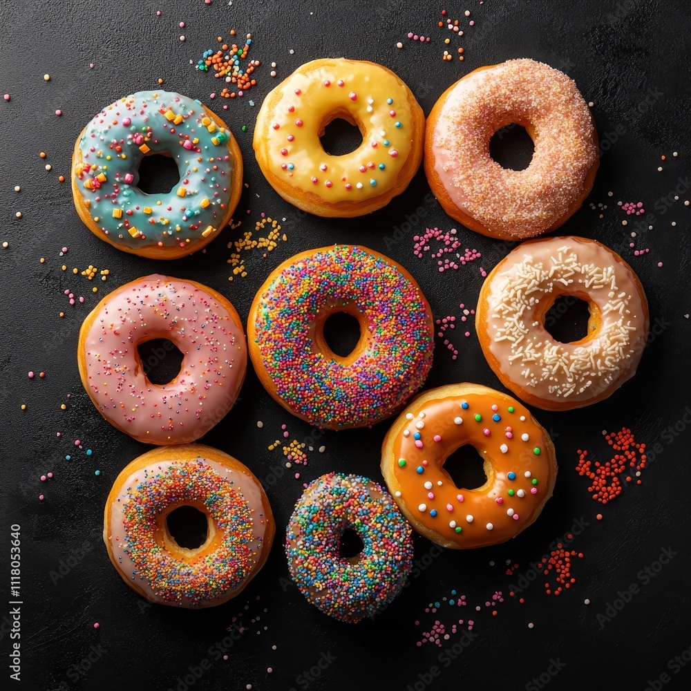 Delectable Assortment of Glazed and Sprinkled Donuts on a Black Background with Confetti Sprinkles Delectable Assortment of Glazed and Sprinkled Donuts on a Black Background with Confetti Sprinkles
