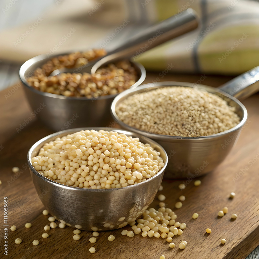mix of quinoa grain in metal measuring spoons mix of quinoa grain in metal measuring spoons