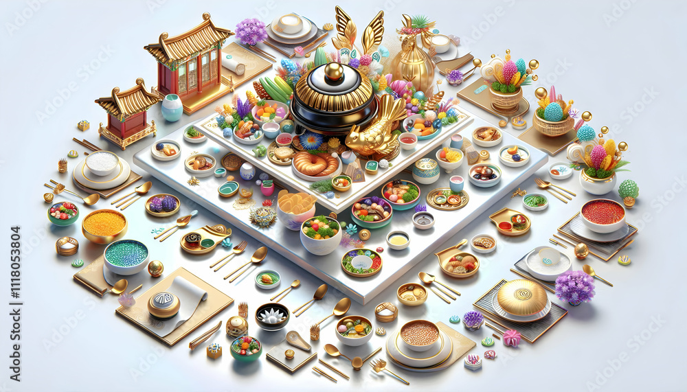 Fototapeta premium 3D Glossy Seollal Festive Table Setting Background concept as A glossy background featuring a beautifully arranged Seollal festive table with traditional Korean dishes colorful decorations and ample c