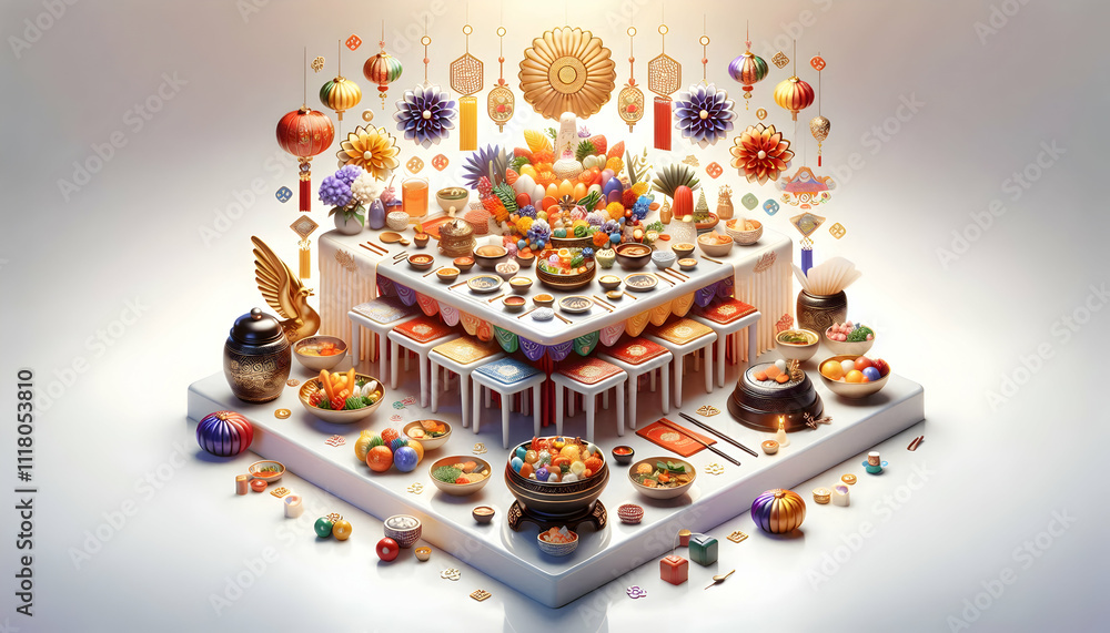 3D Glossy Seollal Festive Table Setting Background concept as A glossy background featuring a beautifully arranged Seollal festive table with traditional Korean dishes colorful decorations and ample c
