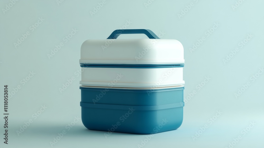 High-resolution 3D model of a multi-layered thermal lunch box, set against a clean neutral background High-resolution 3D model of a multi-layered thermal lunch box, set against a clean neutral background