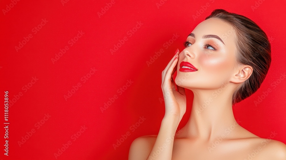 Fototapeta premium Elegant woman on a striking red background profile view