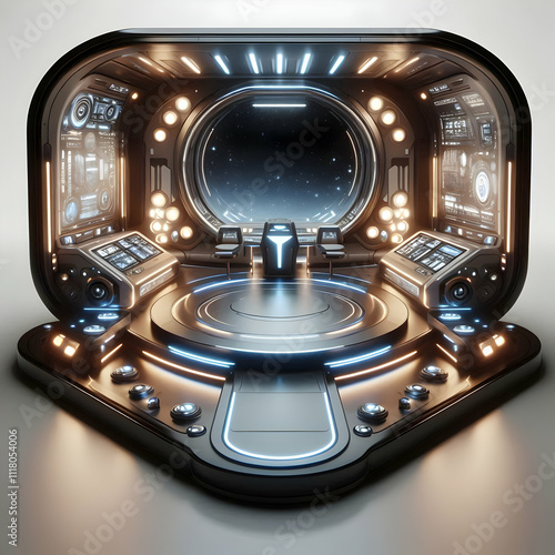 3D Glossy spaceship interior with illuminated control panels and copy space concept as A glossy interior of a futuristic spaceship showcasing illuminated control panels and sleek design elements provi photo