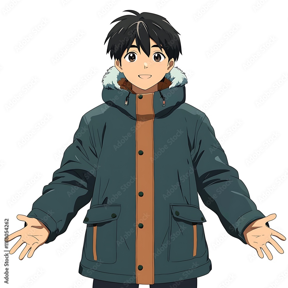 Anime teenage boy in a winter sports jacket on a white background
