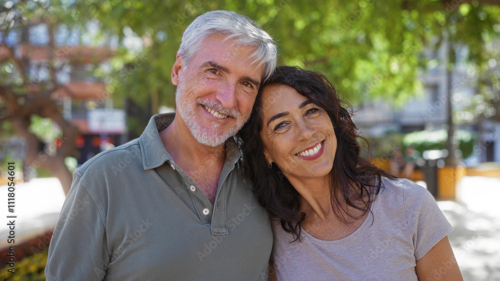 Middle-aged couple smiling in a sunny urban park with beautiful trees in the background, capturing love, happiness, and togetherness outdoors in a vibrant city setting. Middle-aged couple smiling in a sunny urban park with beautiful trees in the background, capturing love, happiness, and togetherness outdoors in a vibrant city setting.
