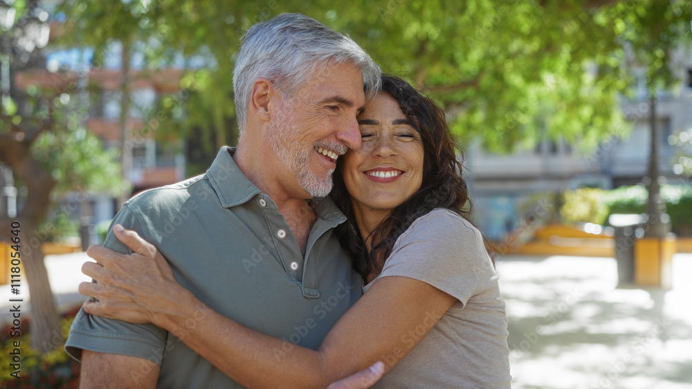 Middle-aged couple embracing warmly in a sunny city park, exuding love and happiness, with a backdrop of urban greenery and buildings. Middle-aged couple embracing warmly in a sunny city park, exuding love and happiness, with a backdrop of urban greenery and buildings.