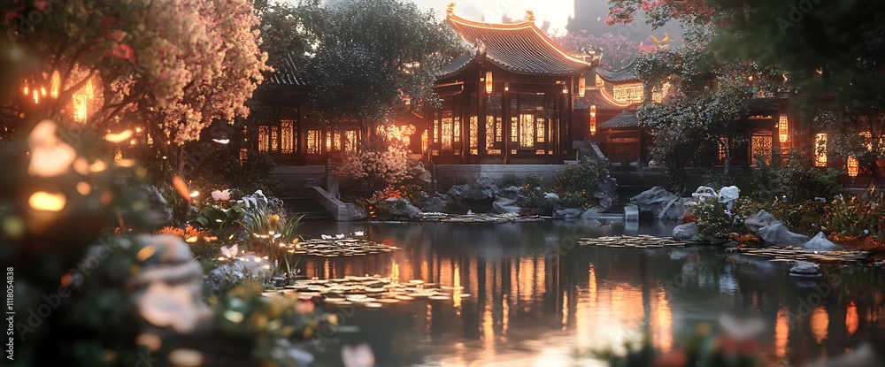 Tranquil pond with Japanese-style homes reflected in the water at sunset. Tranquil pond with Japanese-style homes reflected in the water at sunset.